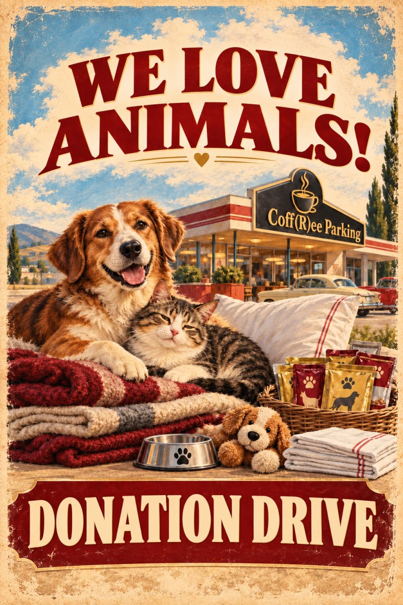 Poster: "We love animals! Donation drive" – a dog and a cat on blankets beside a pillow, a soft toy, a bowl and pet food, with Coff(R)ee Parking behind them